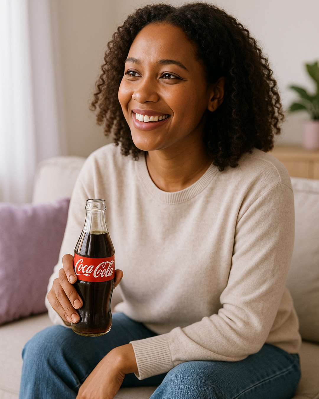 A natural lifestyle photograph showing a customer enjoying Coca-Cola